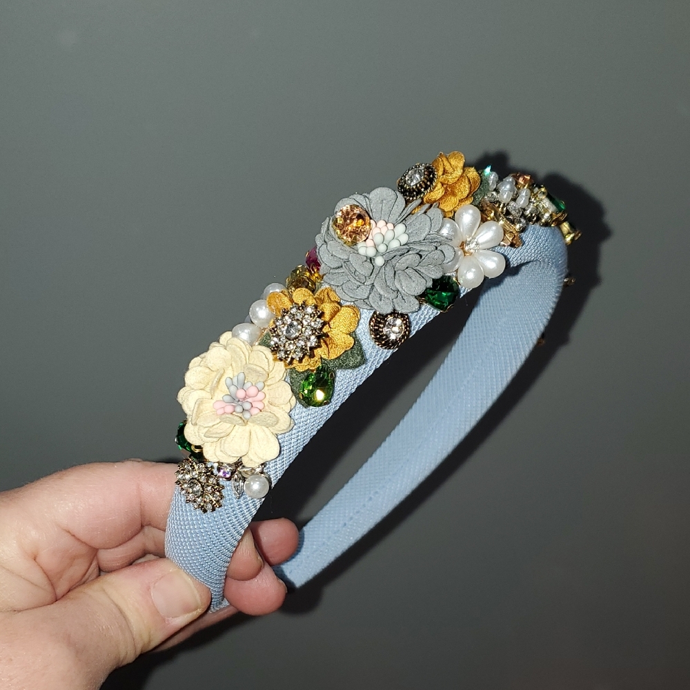 New handmade boutique rhinestone floral fancy flexible headband blue